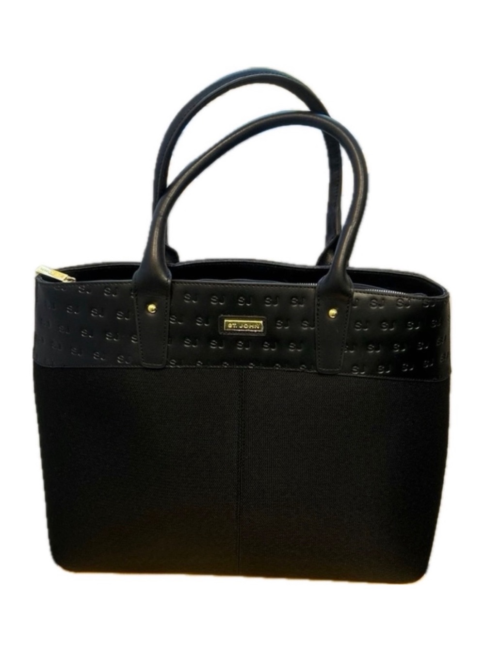 NEW Luxurious St. John Knits Black Shoulder Bag Logo Purse with Leather Trim